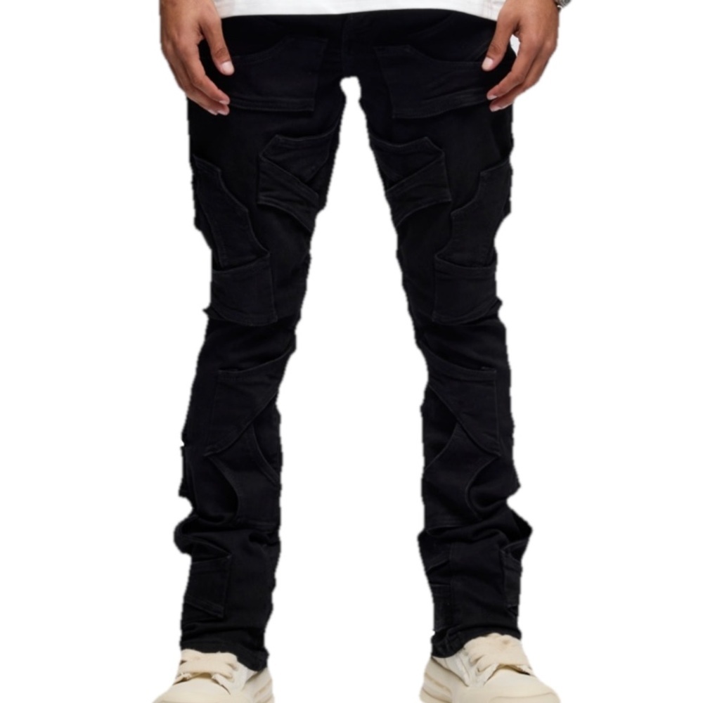 Valabasas Alpha Stacked Flare Bootcut Cargo Utility Distressed Jean Black 30‎